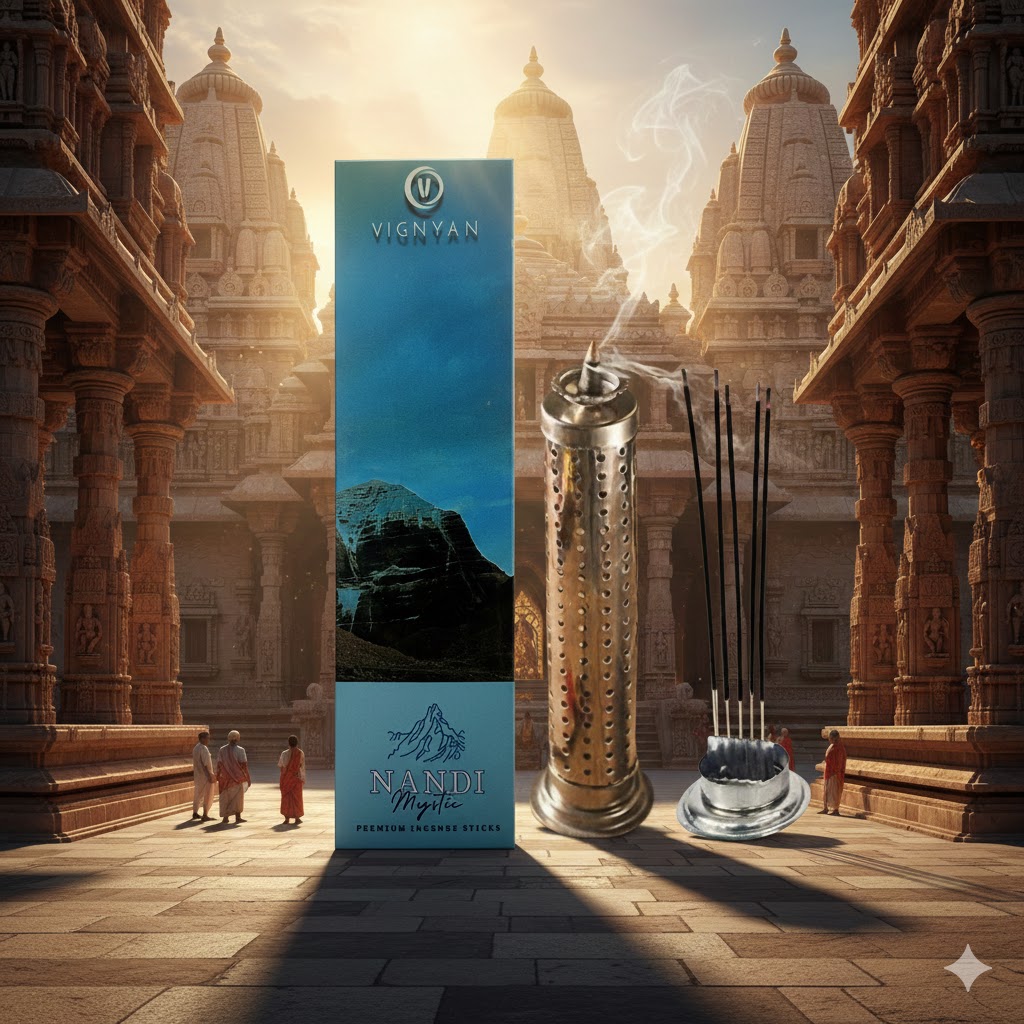 VIGNYAN Nandi Mystic Premium Incense Sticks Combo – With Designer Metallic Burner