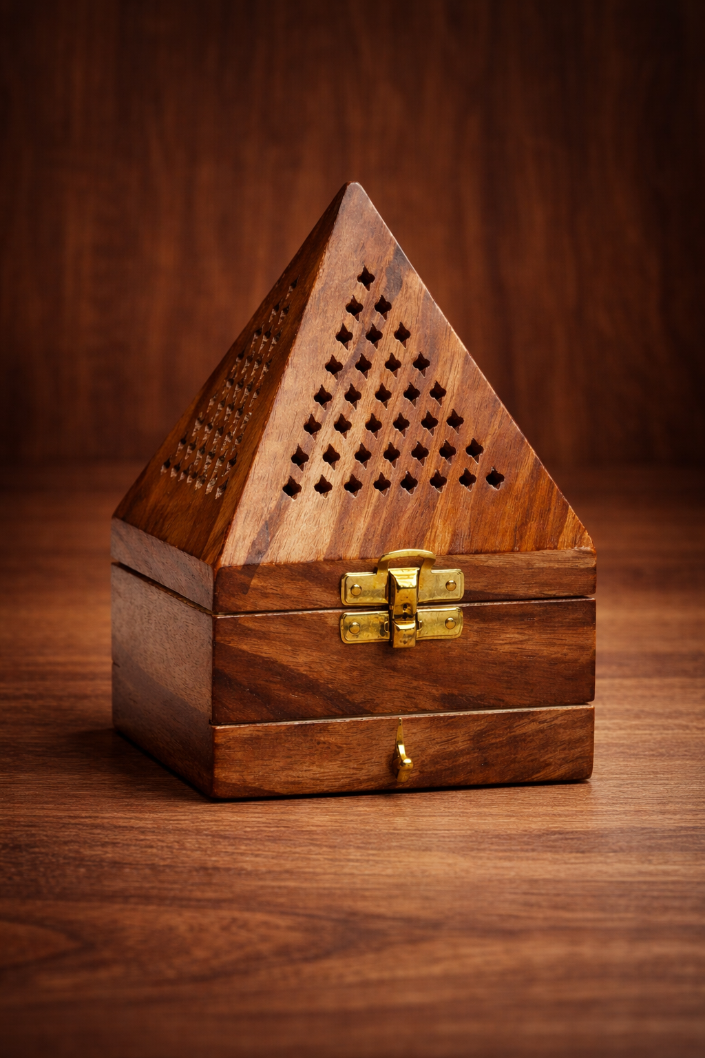 VIGNYAN (Pyramid) Wooden Brass Dhoop Holder & Storage Box